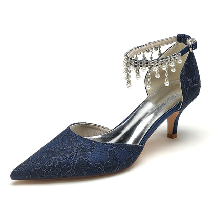 Damen Spitze Mit Knöchelriemen Perle Strass Spitze Quaste Geschlossene Zehen Stiletto Absatz Brautschuhe