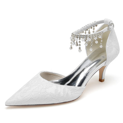 Damen Spitze Mit Knöchelriemen Perle Strass Spitze Quaste Geschlossene Zehen Stiletto Absatz Brautschuhe