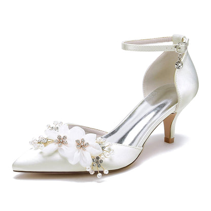 Damen Seidensatin Mit Knöchelriemen Blume Geschlossene Zehen Stilettoabsatz Abendschuhe
