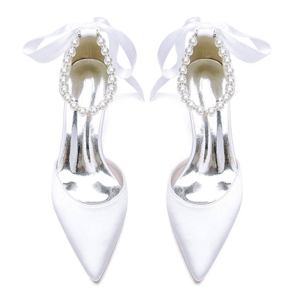 Damen Seidensatin mit Schnürung Perle Geschlossene Zehenpartie Knöchelriemen Stilettoabsatz Brautschuhe