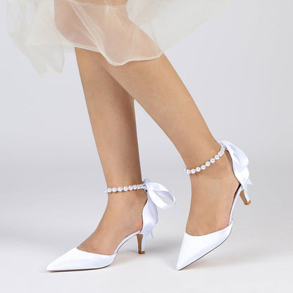 Damen Seidensatin mit Schnürung Perle Geschlossene Zehenpartie Knöchelriemen Stilettoabsatz Brautschuhe
