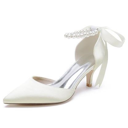 Damen Seidensatin mit Schnürung Perle Geschlossene Zehenpartie Knöchelriemen Stilettoabsatz Brautschuhe