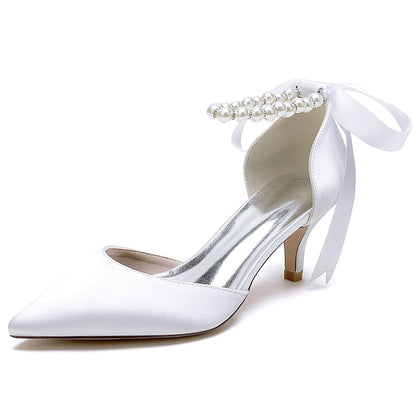 Damen Seidensatin mit Schnürung Perle Geschlossene Zehenpartie Knöchelriemen Stilettoabsatz Brautschuhe
