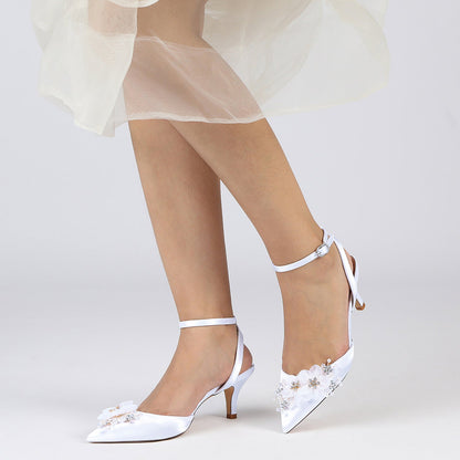 Damen Seidensatin mit Blume Geschlossene Zehenpartie Knöchelriemen Stilettoabsatz Partyschuhe