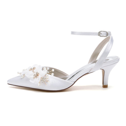 Damen Seidensatin mit Blume Geschlossene Zehenpartie Knöchelriemen Stilettoabsatz Partyschuhe