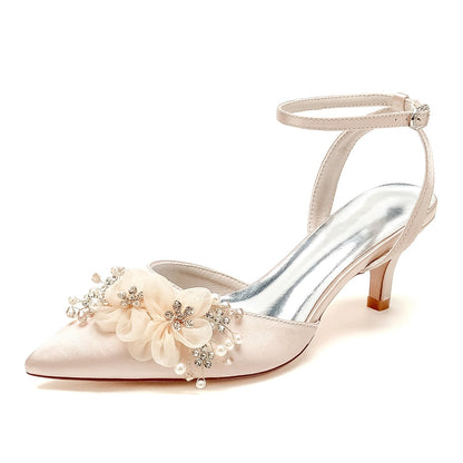 Damen Seidensatin mit Blume Geschlossene Zehenpartie Knöchelriemen Stilettoabsatz Partyschuhe