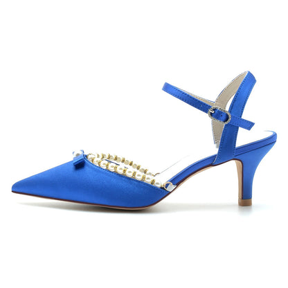 Damen Seidensatin Mit Knöchelriemen Perle Geschlossene Zehen Stiletto Absatz Abendschuhe