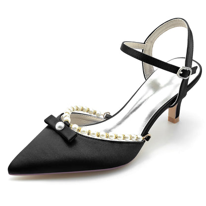 Damen Seidensatin Mit Knöchelriemen Perle Geschlossene Zehen Stiletto Absatz Abendschuhe