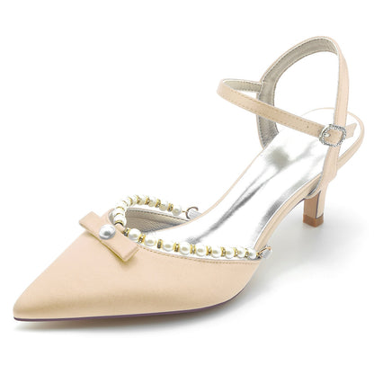 Damen Seidensatin Mit Knöchelriemen Perle Geschlossene Zehen Stiletto Absatz Abendschuhe