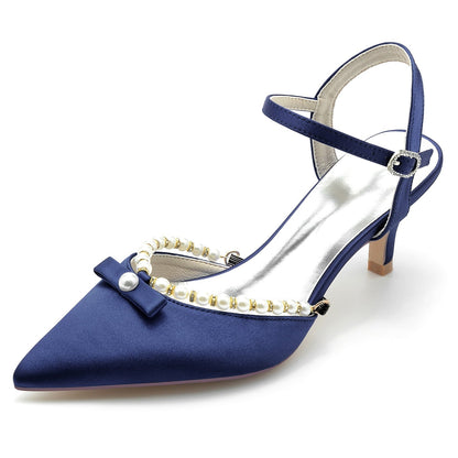 Damen Seidensatin Mit Knöchelriemen Perle Geschlossene Zehen Stiletto Absatz Abendschuhe
