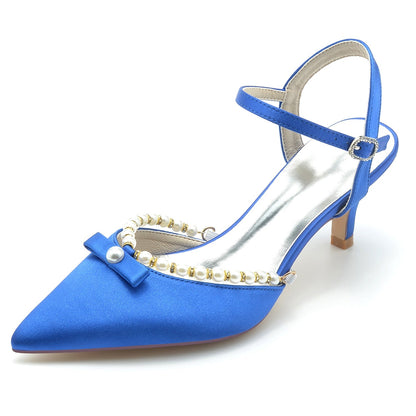 Damen Seidensatin Mit Knöchelriemen Perle Geschlossene Zehen Stiletto Absatz Abendschuhe