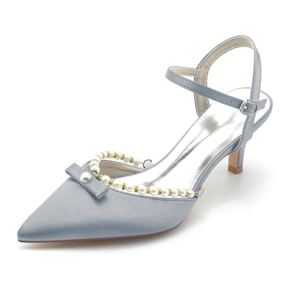 Damen Seidensatin Mit Knöchelriemen Perle Geschlossene Zehen Stiletto Absatz Abendschuhe