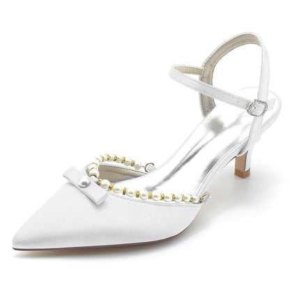 Damen Seidensatin Mit Knöchelriemen Perle Geschlossene Zehen Stiletto Absatz Abendschuhe