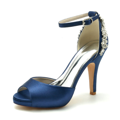 Damen Seidensatin mit Strass Stiletto-Absatz Peep Toe Knöchelriemen Abendschuhe