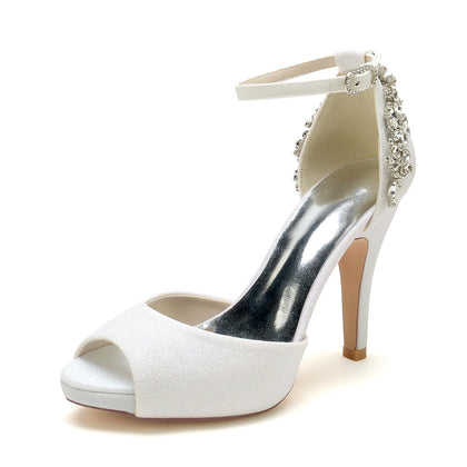 Damen Glitzer Mit Knöchelriemen Strass Peep Toe Stiletto Absatz Abendschuhe