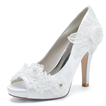 Damen Seidensatin mit Blume Peep Toe Stiletto-Absatz Abendschuhe