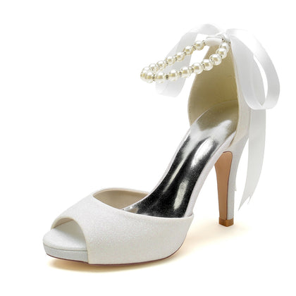 Damen Glitzer Mit Knöchelriemen Schnürung Peep Toe Stiletto Absatz Brautschuhe