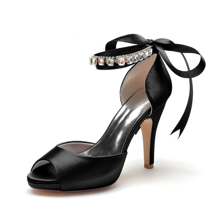 Damen Seidensatin Mit Knöchelriemen Schnürung Strass Peep Toe Stiletto Absatz Abendschuhe