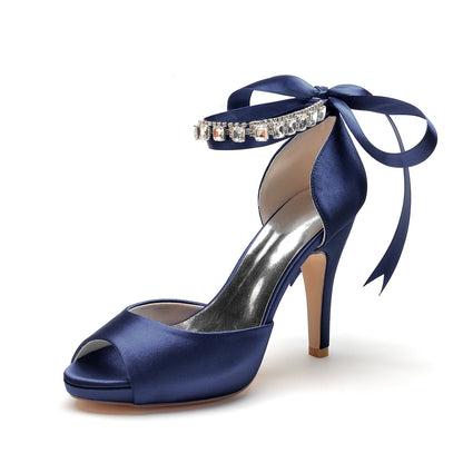 Damen Seidensatin Mit Knöchelriemen Schnürung Strass Peep Toe Stiletto Absatz Abendschuhe
