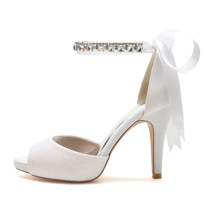 Damen Glitzer Mit Knöchelriemen Schnürung Strass Peep Toe Stiletto Absatz Brautschuhe
