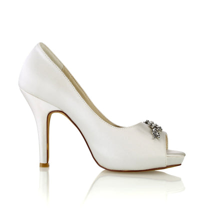 Damen Seidensatin mit Blumen Strass Peep Toe Stiletto Heel Brautschuhe