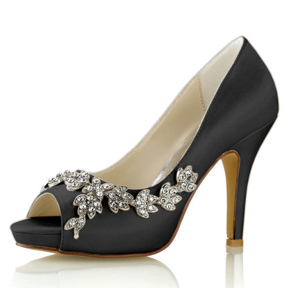Damen Seidensatin mit Blumen Strass Peep Toe Stiletto Heel Brautschuhe