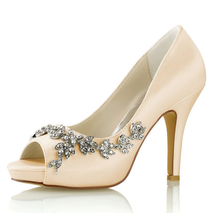 Damen Seidensatin mit Blumen Strass Peep Toe Stiletto Heel Brautschuhe