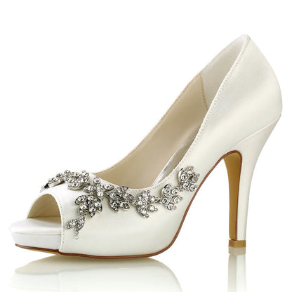 Damen Seidensatin mit Blumen Strass Peep Toe Stiletto Heel Brautschuhe