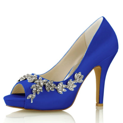 Damen Seidensatin mit Blumen Strass Peep Toe Stiletto Heel Brautschuhe