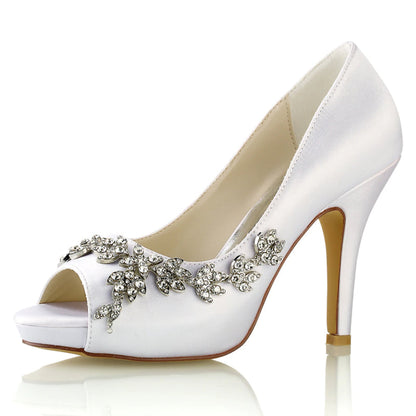 Damen Seidensatin mit Blumen Strass Peep Toe Stiletto Heel Brautschuhe