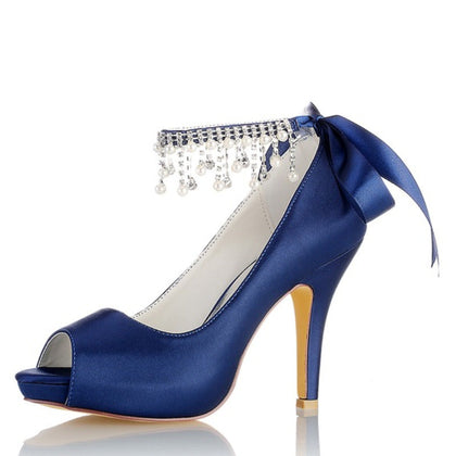 Damen Seidensatin mit Knöchelriemen Schnürung Strass Quaste Peep Toe Stiletto Absatz Brautschuhe
