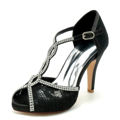 Damen Synthetisches Mesh Mit Knöchelriemen Spitze Strass Peep Toe Stiletto Absatz Party Schuhe