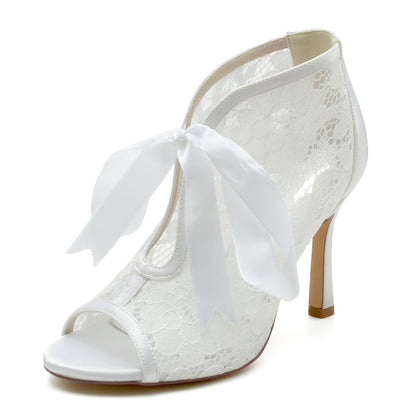 Damen Spitze Mit Spitze Schnürung Peep Toe Stiletto Heel Brautschuhe