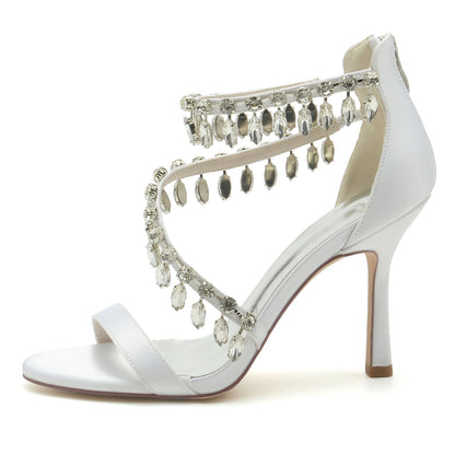 Damen Seidensatin mit Knöchelriemen Strass Quaste Peep Toe Stiletto Absatz Abendschuhe