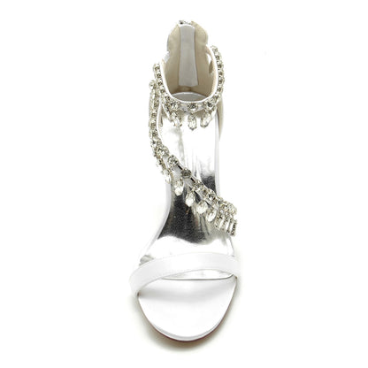 Damen Seidensatin mit Knöchelriemen Strass Quaste Peep Toe Stiletto Absatz Abendschuhe