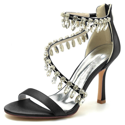 Damen Seidensatin mit Knöchelriemen Strass Quaste Peep Toe Stiletto Absatz Abendschuhe