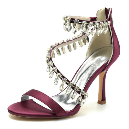 Damen Seidensatin mit Knöchelriemen Strass Quaste Peep Toe Stiletto Absatz Abendschuhe