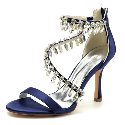 Damen Seidensatin mit Knöchelriemen Strass Quaste Peep Toe Stiletto Absatz Abendschuhe