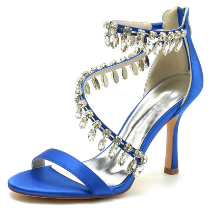 Damen Seidensatin mit Knöchelriemen Strass Quaste Peep Toe Stiletto Absatz Abendschuhe