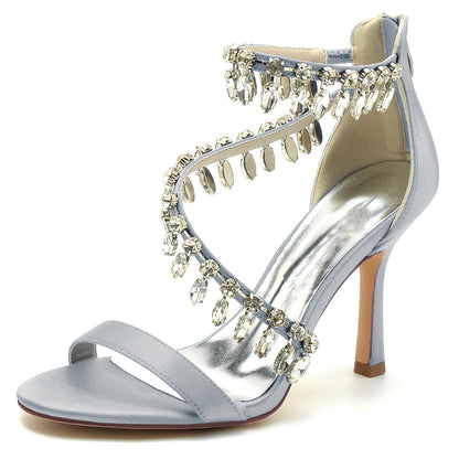 Damen Seidensatin mit Knöchelriemen Strass Quaste Peep Toe Stiletto Absatz Abendschuhe