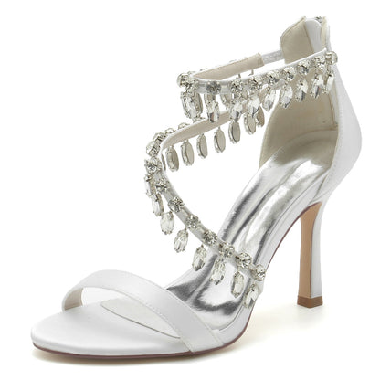 Damen Seidensatin mit Knöchelriemen Strass Quaste Peep Toe Stiletto Absatz Abendschuhe