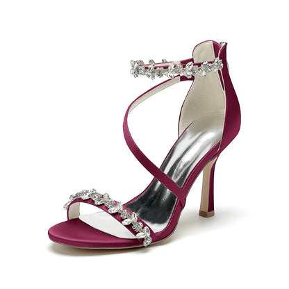 Damen Seidensatin Mit Knöchelriemen Strass Peep Toe Stiletto Absatz Abendschuhe