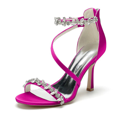 Damen Seidensatin Mit Knöchelriemen Strass Peep Toe Stiletto Absatz Abendschuhe