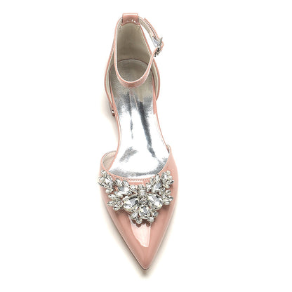 Damen Lackleder Spiegel Finish Mit Knöchelriemen Strass Geschlossene Zehen Flache Ferse Brautschuhe