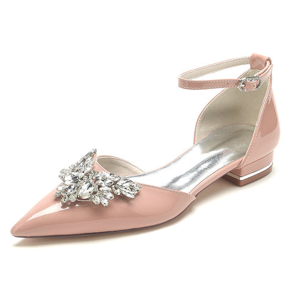 Damen Lackleder Spiegel Finish Mit Knöchelriemen Strass Geschlossene Zehen Flache Ferse Brautschuhe