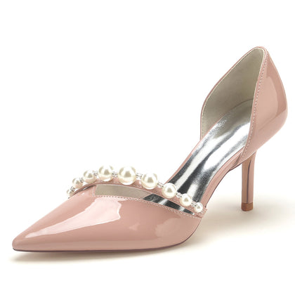 Damen Lackleder Spiegel Finish Perle Geschlossene Zehen Stiletto Absatz Party Schuhe