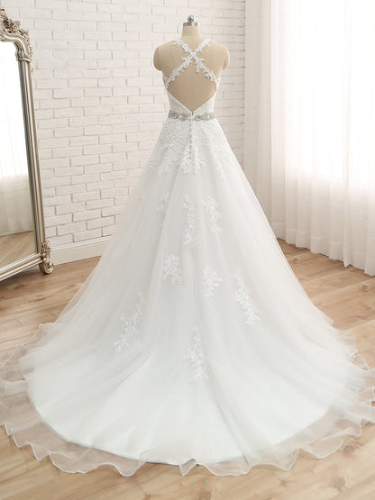 A-Linie/Princess-Linie Spaghettiträger Ärmellos Applikation mit Gürtel Bodenlanges Brautkleid aus Tüll