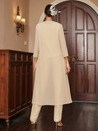 Chiffon Rundhalsausschnitt 3/4 Ärmel 3 Stück Hosenanzüge mit Pailletten & Jacke