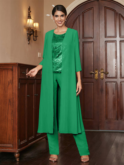 Chiffon Rundhalsausschnitt 3/4 Ärmel 3 Stück Hosenanzüge mit Pailletten & Jacke