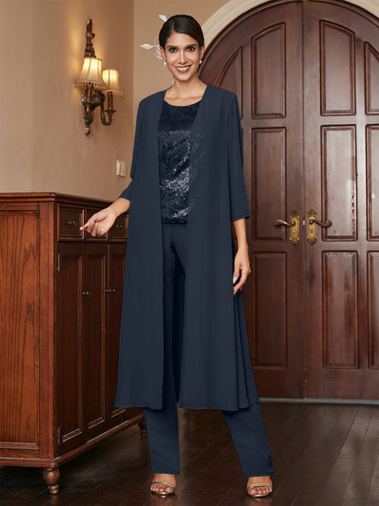 Chiffon Rundhalsausschnitt 3/4 Ärmel 3 Stück Hosenanzüge mit Pailletten & Jacke